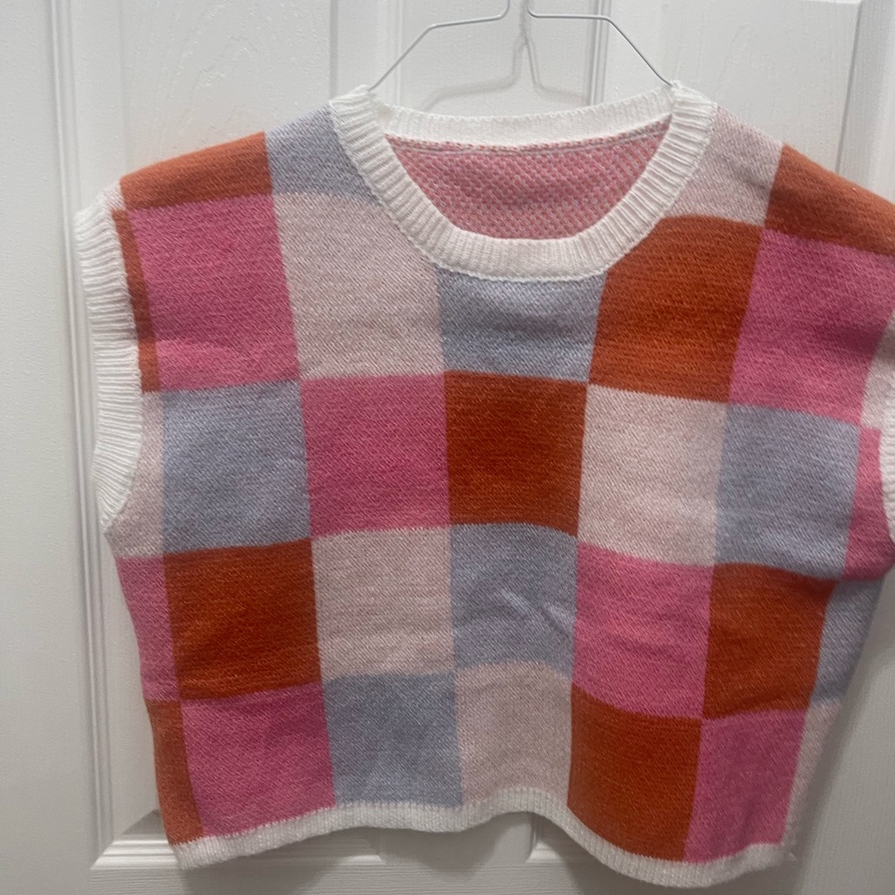 SHEIN Pink, Rust & Light Gray Checkerboard Knit Vest